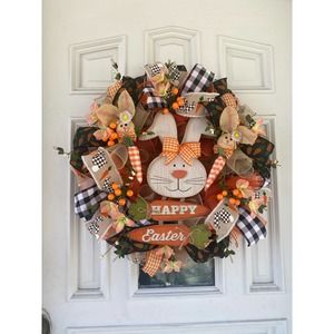 Bunny & Carrots Burlap Gingham Buffalo Check Plaid Deco Mesh & Ribbon Wreath